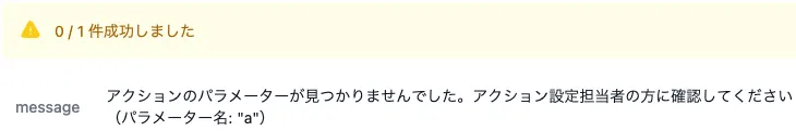 「アクションのパラメーターが見つかりませんでした。アクションの設定担当者の方に確認してください（パラメーター名: "a"）」というメッセージが表示されている
