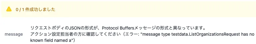 「リクエストボディに設定した値がProtocol Buffersメッセージの形式と異なる場合」というメッセージが表示されている