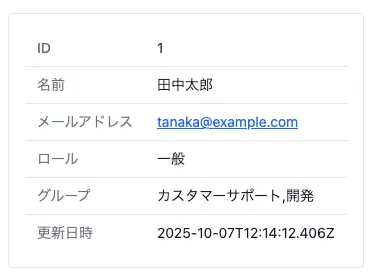 ユーザーの更新結果を表示する詳細テーブル。ID、名前、メールアドレス、ロール、グループ、更新日時の情報が表形式で表示されている