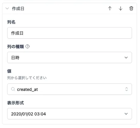 作成日カラムの設定パネル。列名は「作成日」、列の種類は「日時」、値は「created_at」を選択し、表示形式に「2020/01/02 03:04」が指定されており、並び替え（上下）と削除のアイコンが表示されている。