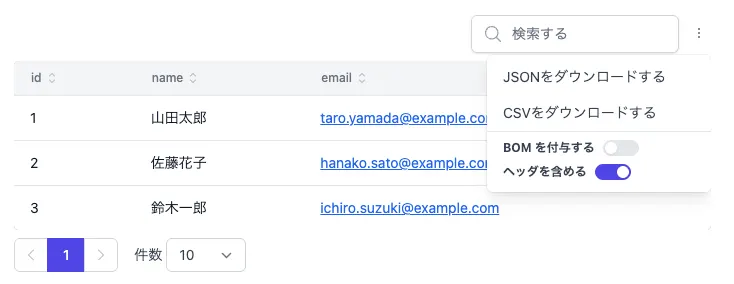 データ一覧テーブル画面。id・name・email列にユーザーが表示され、上部に検索欄があり、右上のメニューを開くと「JSONをダウンロードする」「CSVをダウンロードする」の項目と、「BOMを付与する」「ヘッダーを含める」の切り替えが表示されている。