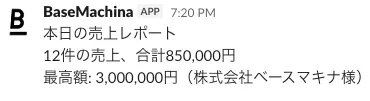 通知例：「本日の売上レポート 12件の売上、合計850,000円 最高額: 3,000,000円 株式会社ベースマキナ様」